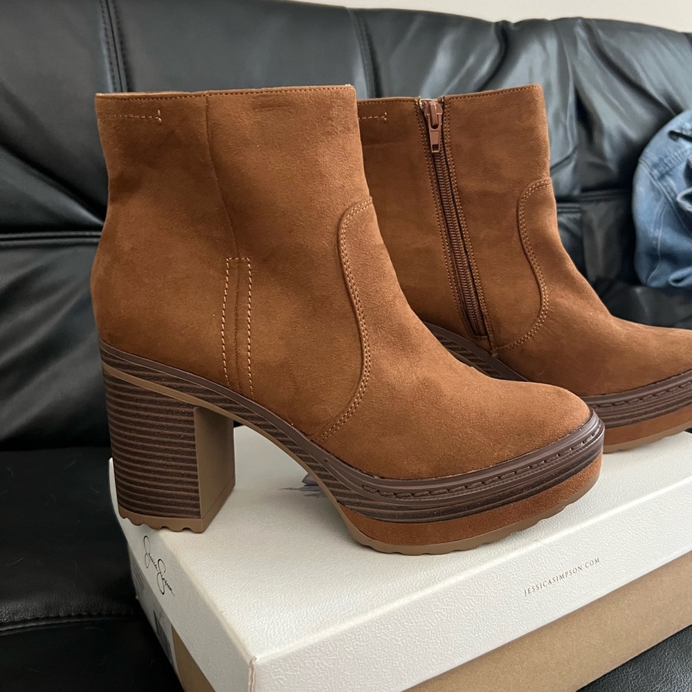 Rust colored suede platform booties, brand Wonderly from Belk. Size 8.5